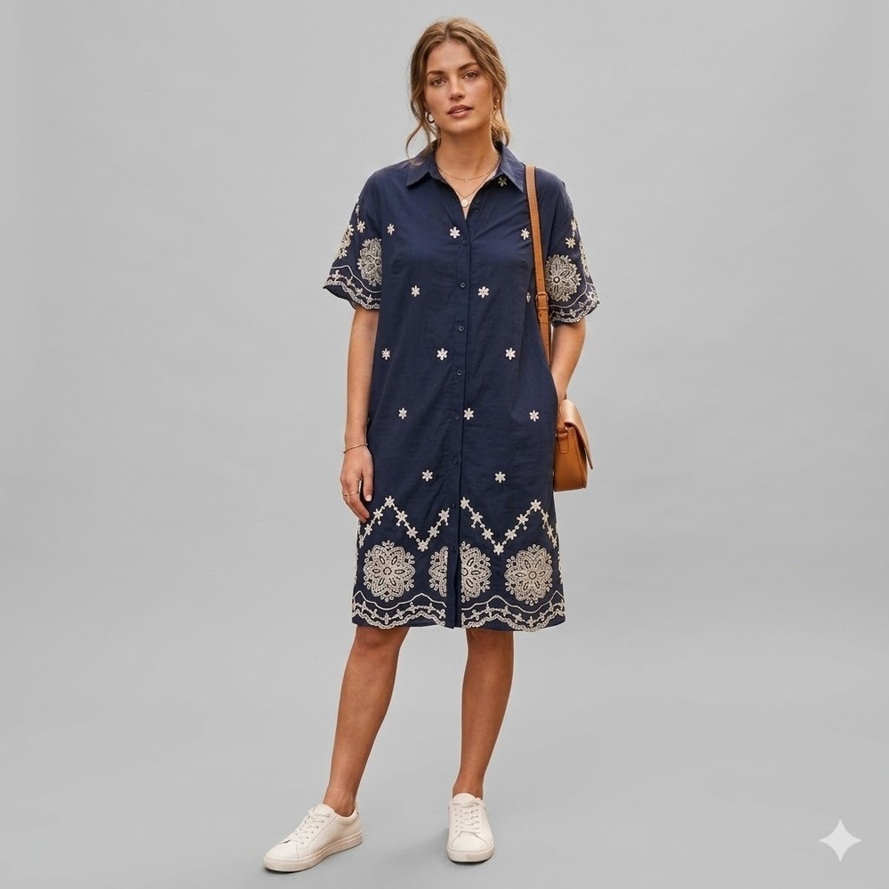 Kindred Shirt Dress Women M Navy‎ Blue Embroidered Floral Short Sleeve Button Up